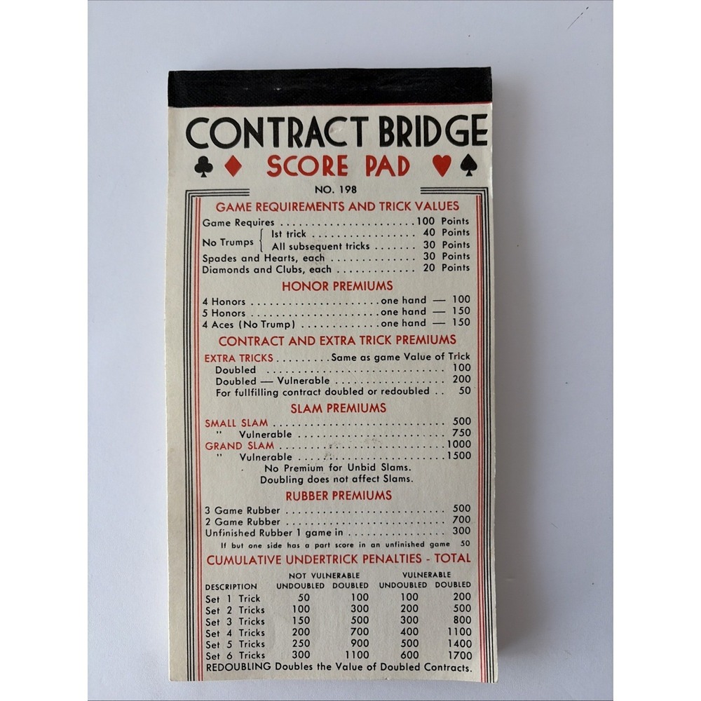 CONTRACT BRIDGE SCORE PAD No. 198, Unused, VINTAGE